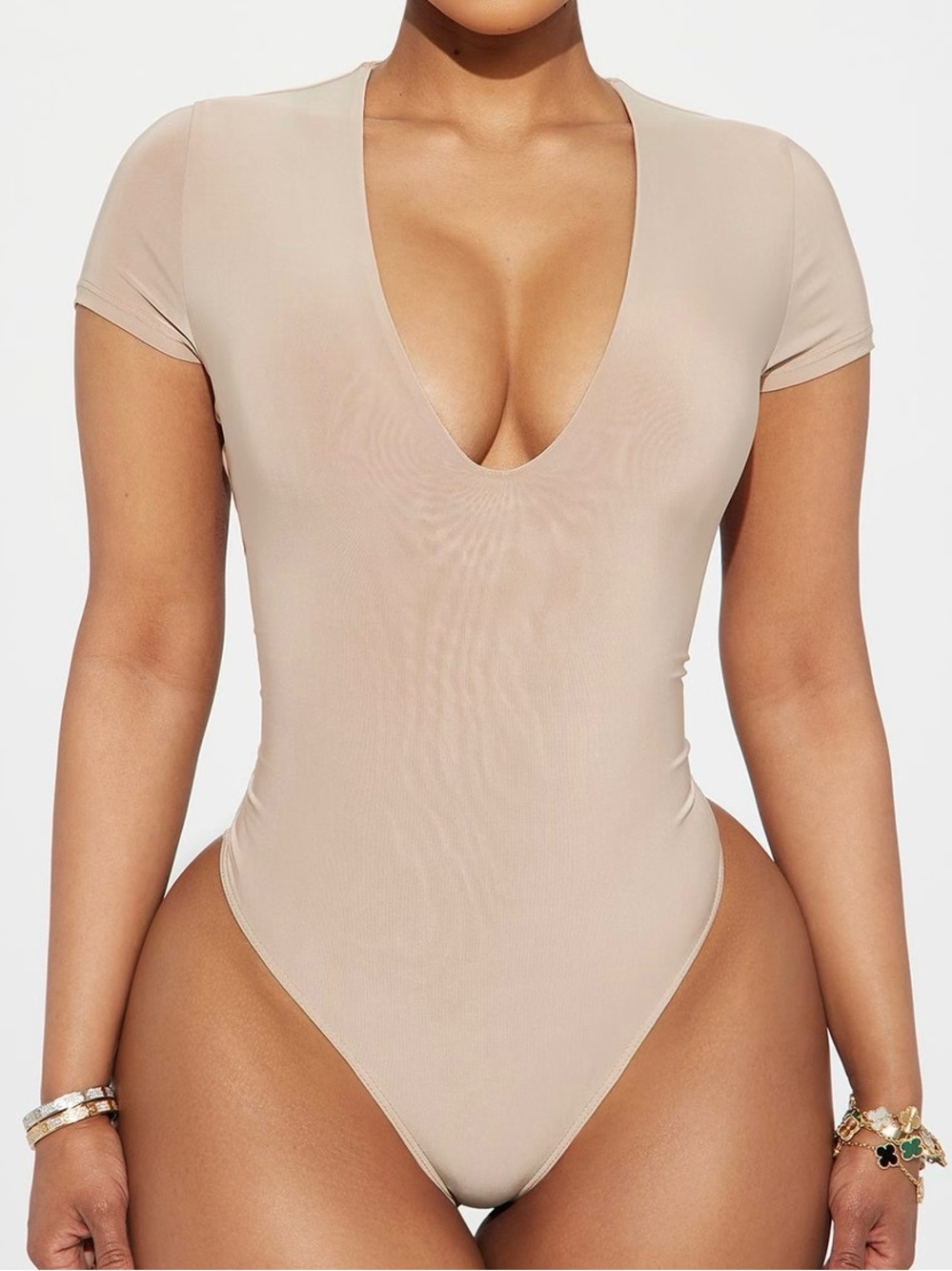 Fashion Nova Beige Plunge Bodysuit